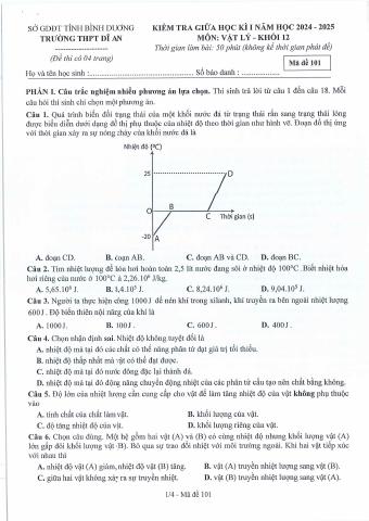 Đề thi Giữa kì 1 Vật lí 12 năm 2024-2025 trường THPT Dĩ An (Bình Dương)